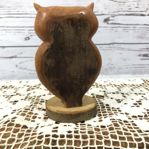 Vintage Hand Carved Owl Set Solid Wood Sculpture - Picture 3 of 8